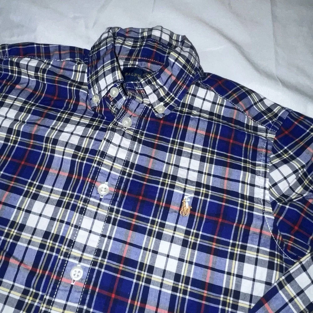 Ralph Lauren Boys Blue White Plaid Natural Stretch Button Down‎ Shirt Size 5